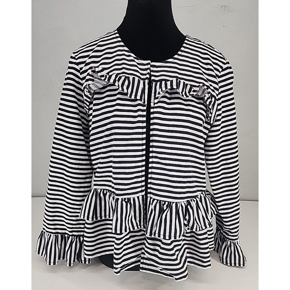 Peplum Ruffle Striped Linen Blend Cardigan Jacket Navy White‎ Nautical | LOFT S